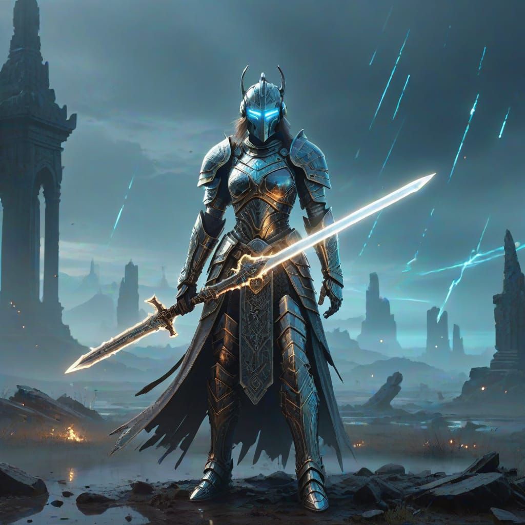 Cybernetic Knight on Misty Battlefield with Glowing Sword