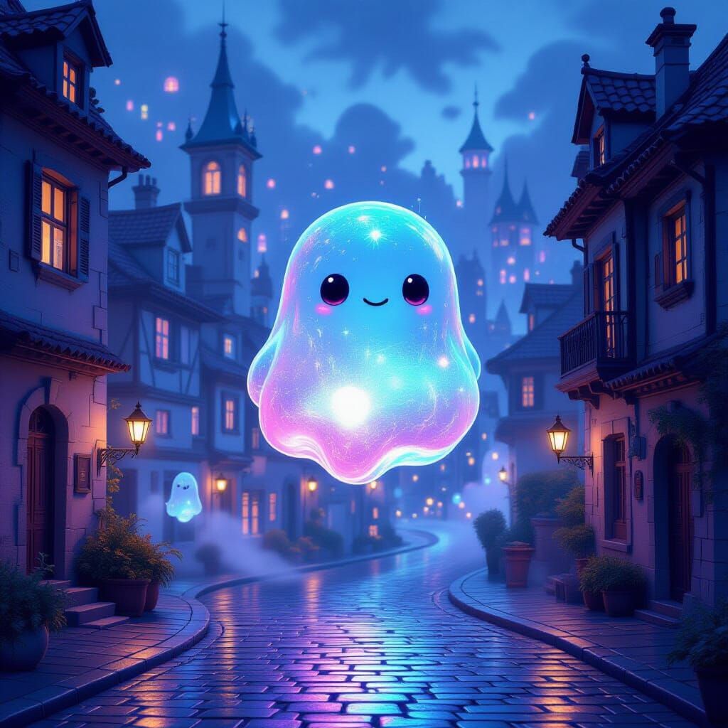 Bioluminescent Slime Creature in Dreamlike Cityscape