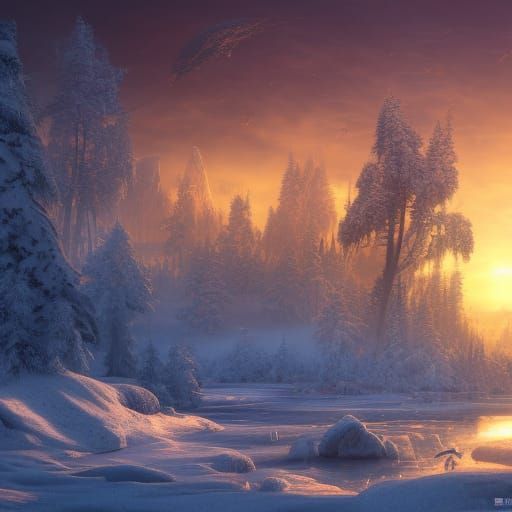 Detailed Winter Sunset in Fantasy Concept Art