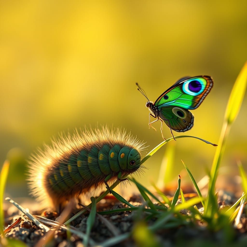 Vibrant Caterpillar Crawls Towards Iridescent Peacock Butter...