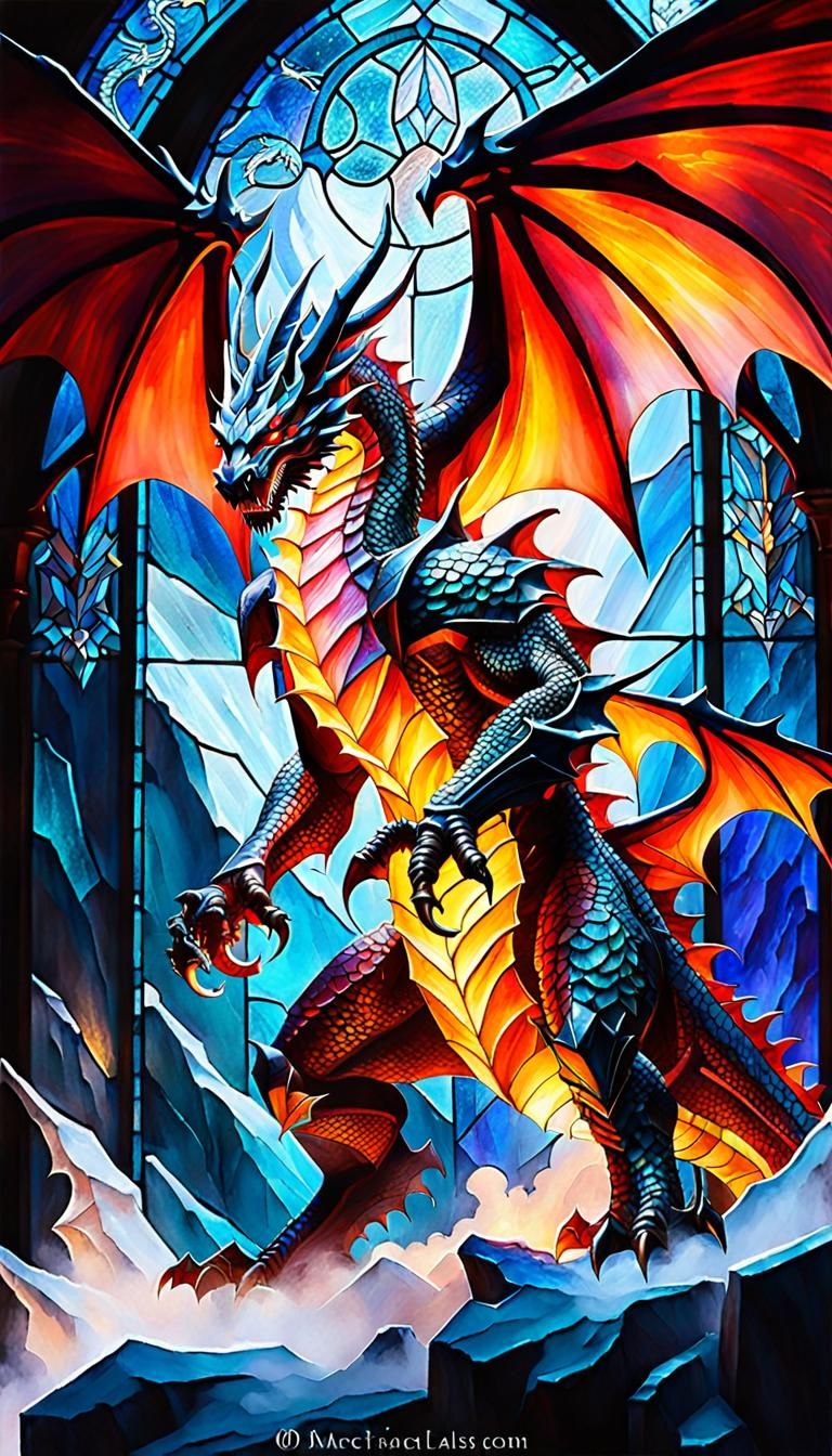 Knight vs Dragon in Stained Glass Style