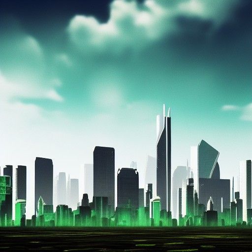 Abandoned Cityscape with Spaceship in Green Sky