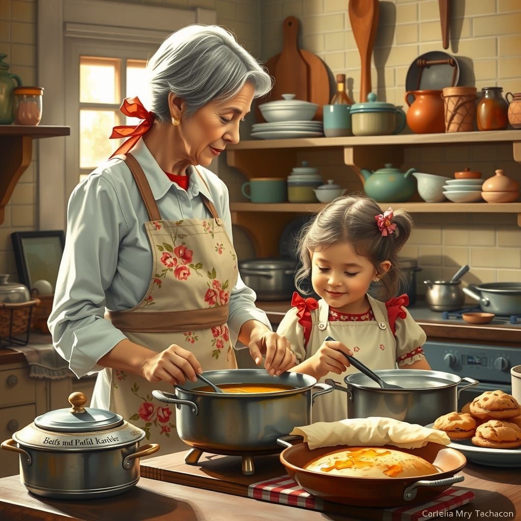 Grandmother and Granddaughter Cooking, Impressionistic Style