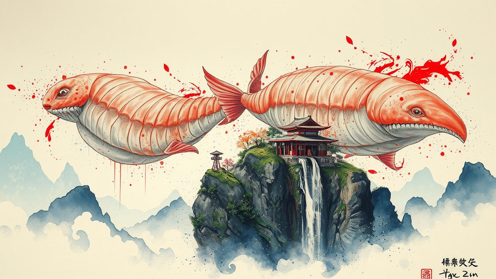 Surreal Sushi Landscape in Ink Splatter Art
