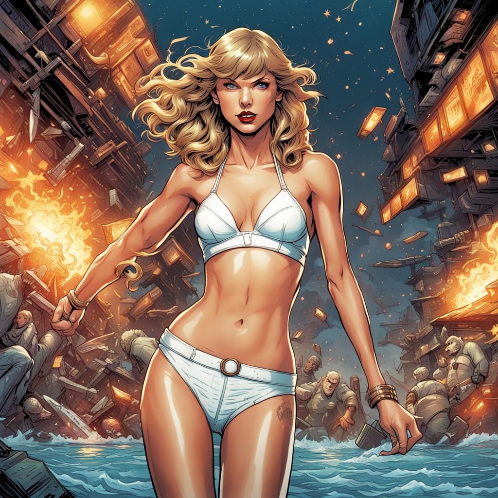 Woman in White Latex Bikini Top, Comic Book Art