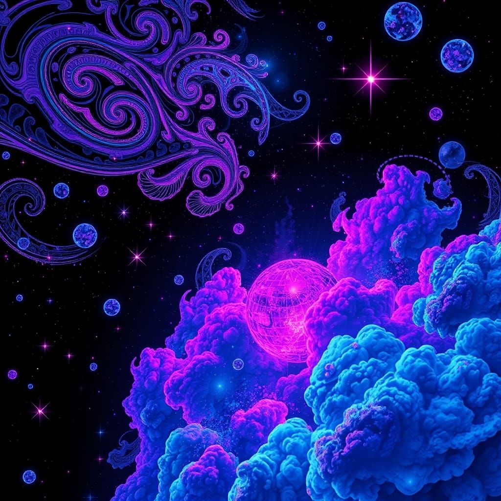Synthwave Nebula with Paisley Patterns and Neon Stars
