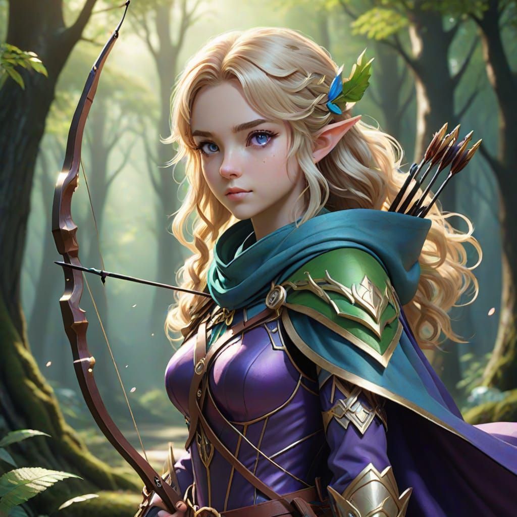 Vibrant Elf Ranger in Mystical Forest, Inspired by Anime