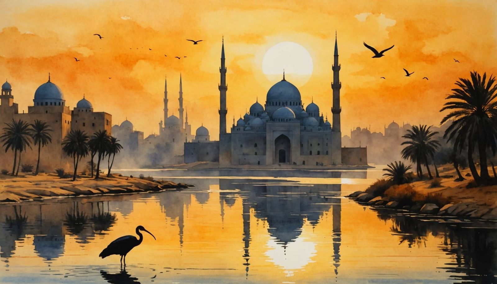 Sunrise Over Middle Eastern River, Ibis Silhouette