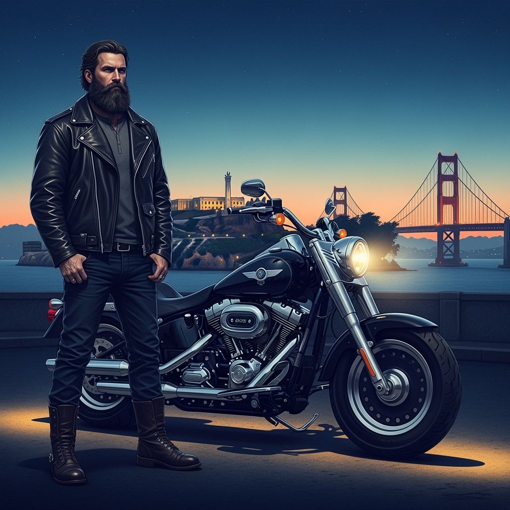 Man in Black with Motorcycle and Golden Gate