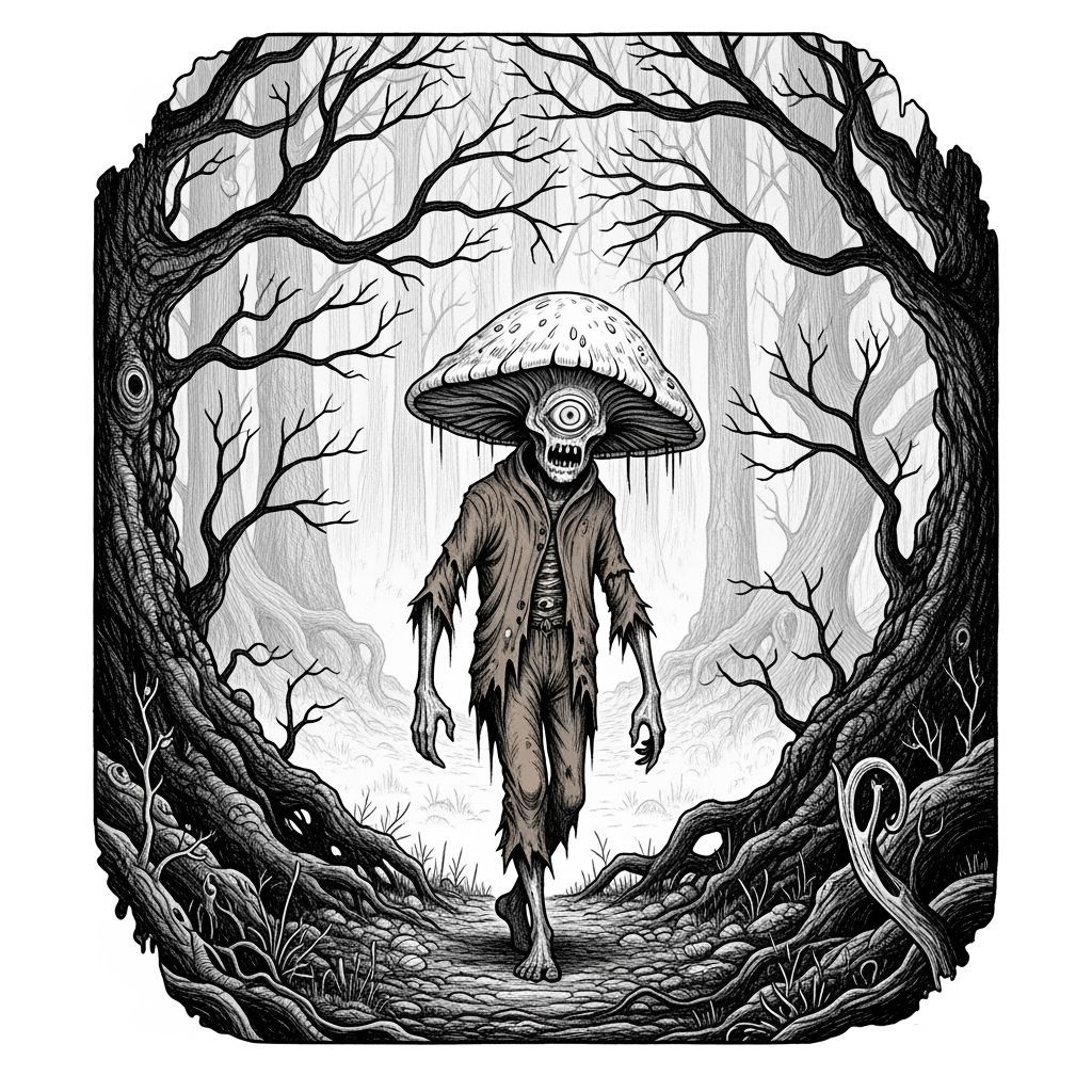 Bioluminescent Fungus Zombie in Dark Fantasy Forest