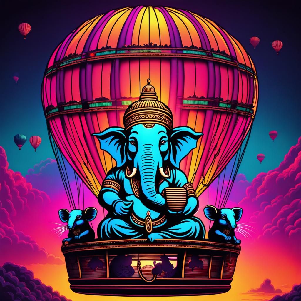 Ganesha in Hot Air Balloon, Synthwave Style