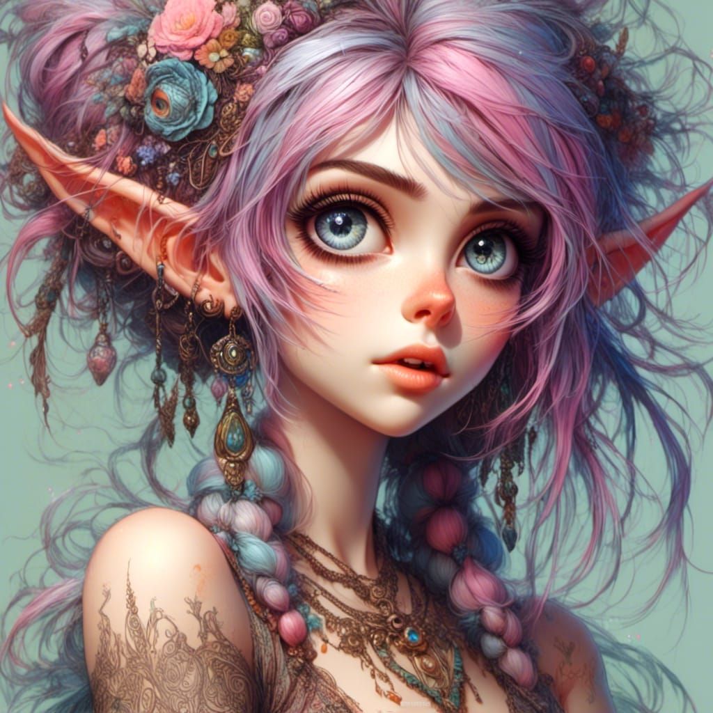 Hand-Drawn Punky Pixie with Multicolored Hair