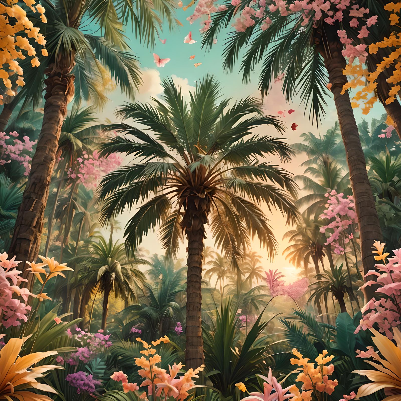 Vibrant Palm Tree in Surreal Fantasy Forest