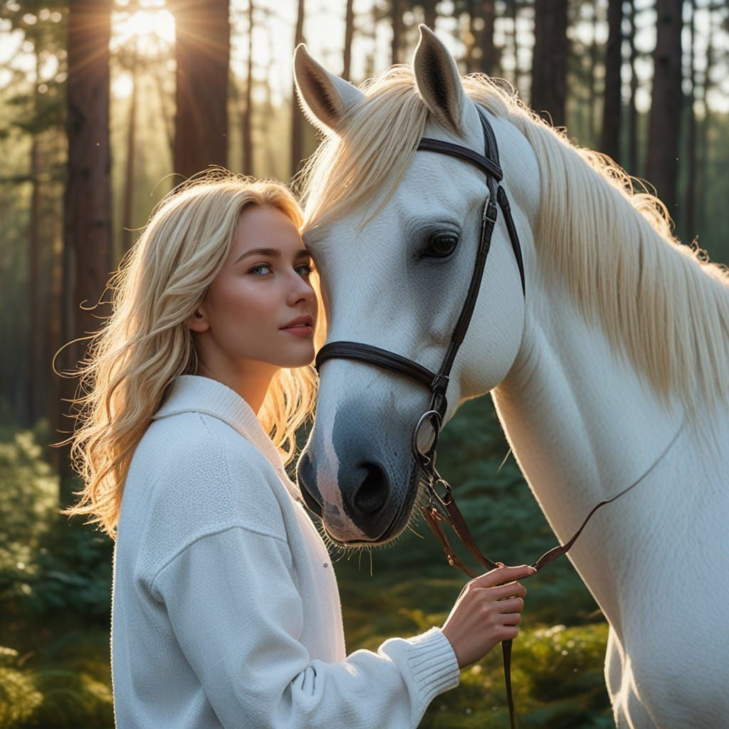 Ethereal Nordic Maiden Stroking a White Mare in Golden Light