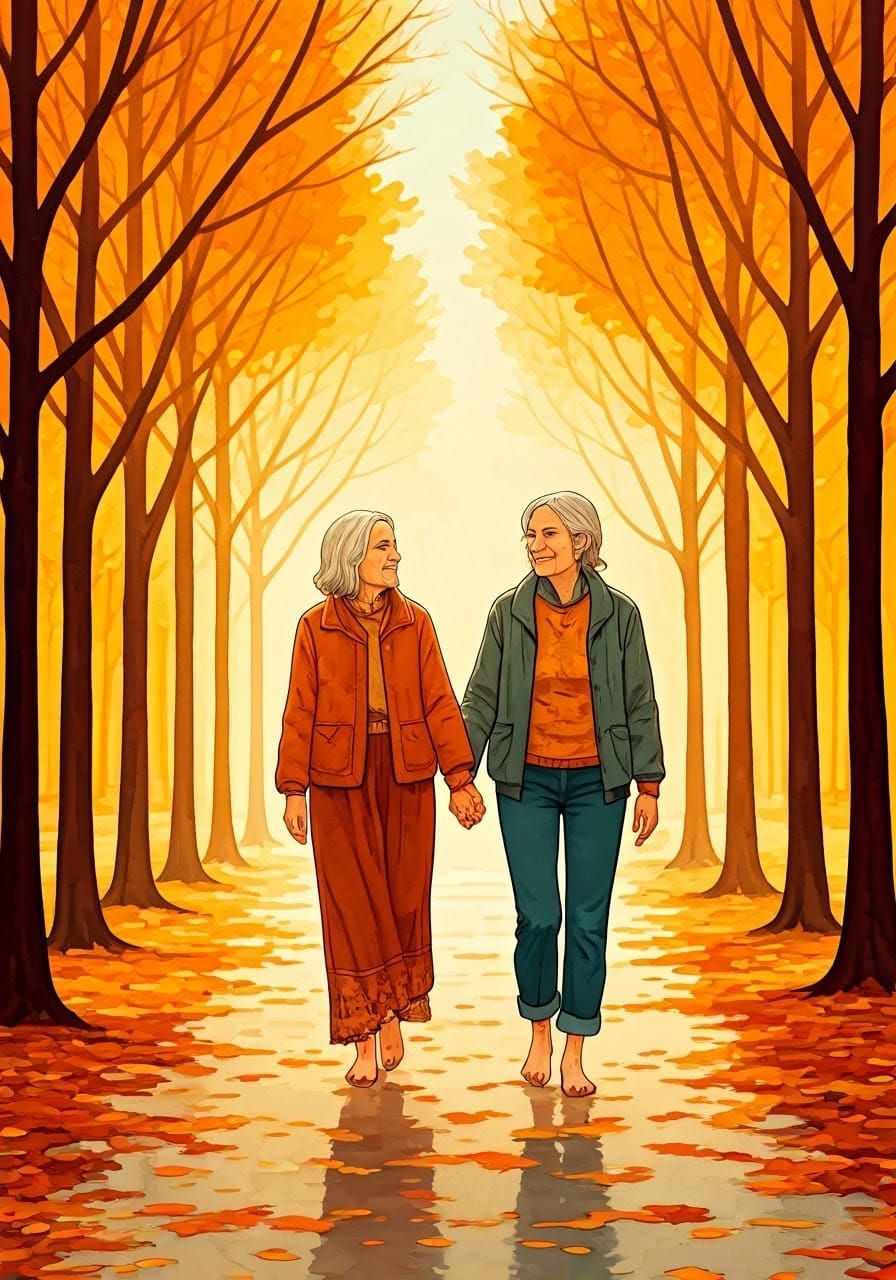 Barefoot Hippie Women in Autumnal Watercolor Park