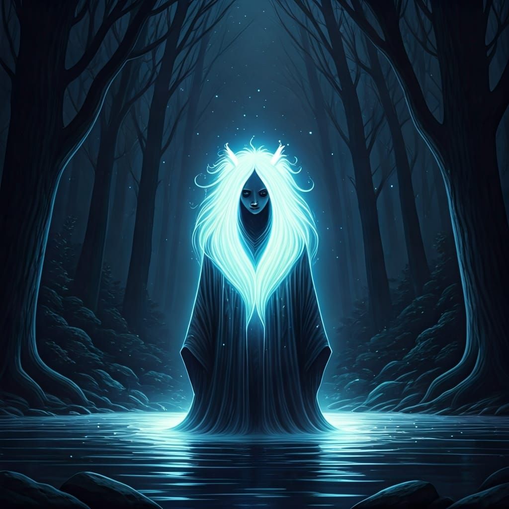 Ethereal Deer Guiding Travelers Through Misty Forest