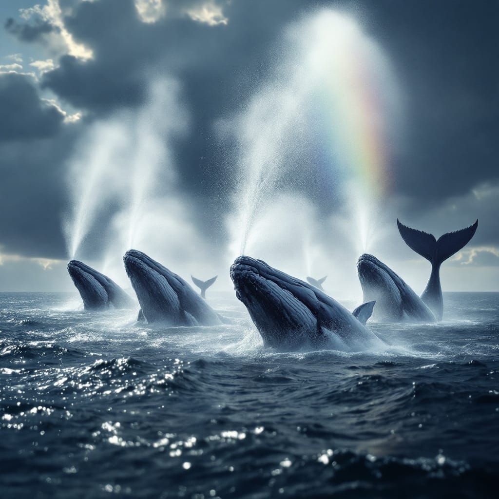 Whales Create Rainbow with Blowhole Spray