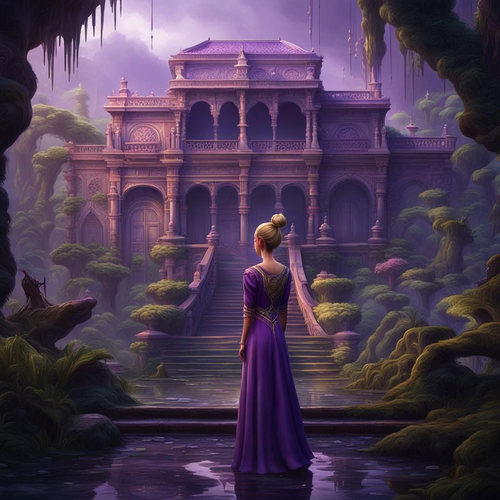 Woman in Rainforest Palace: Detailed Fantasy Art