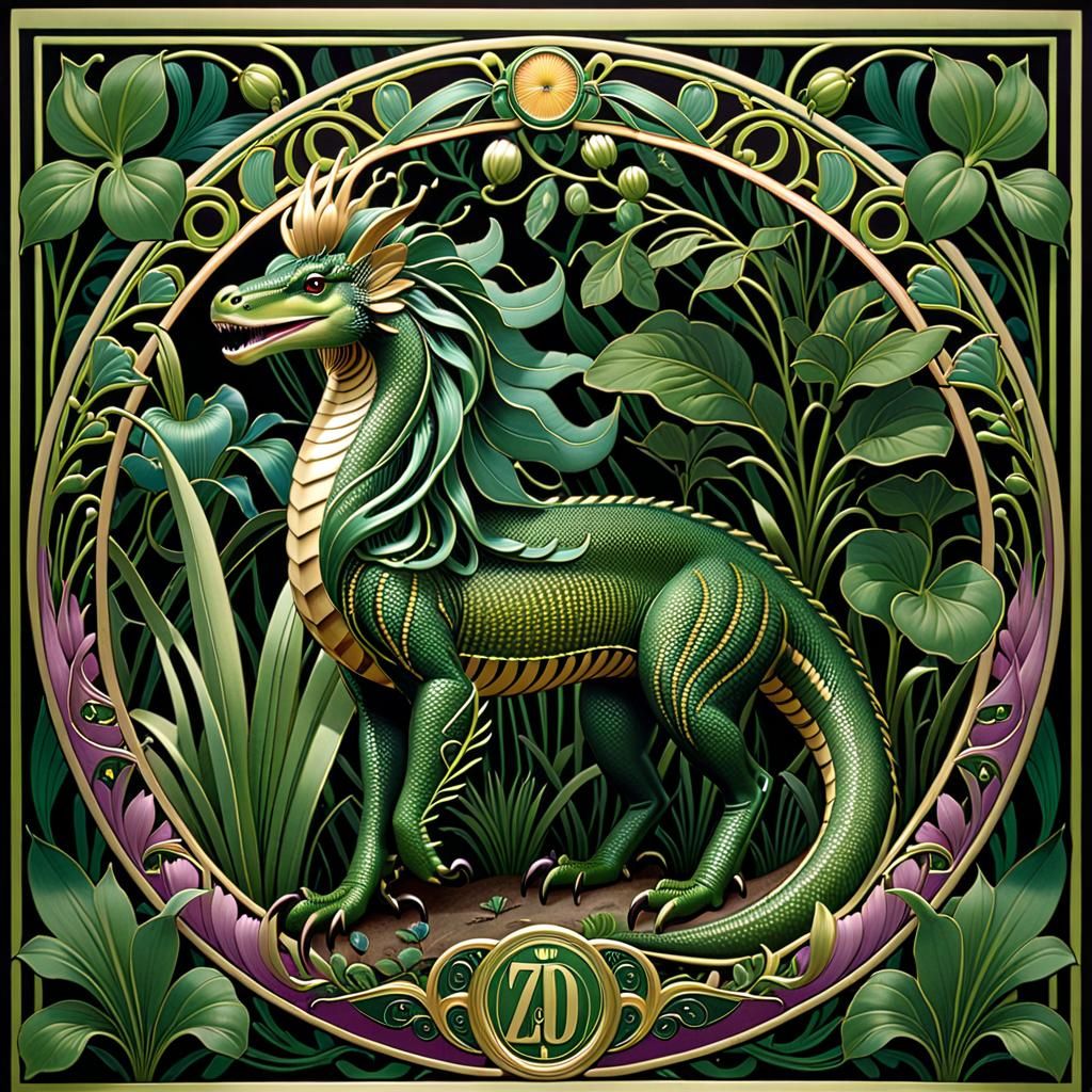 Art Nouveau Dragon with Botanical Cryptozoology
