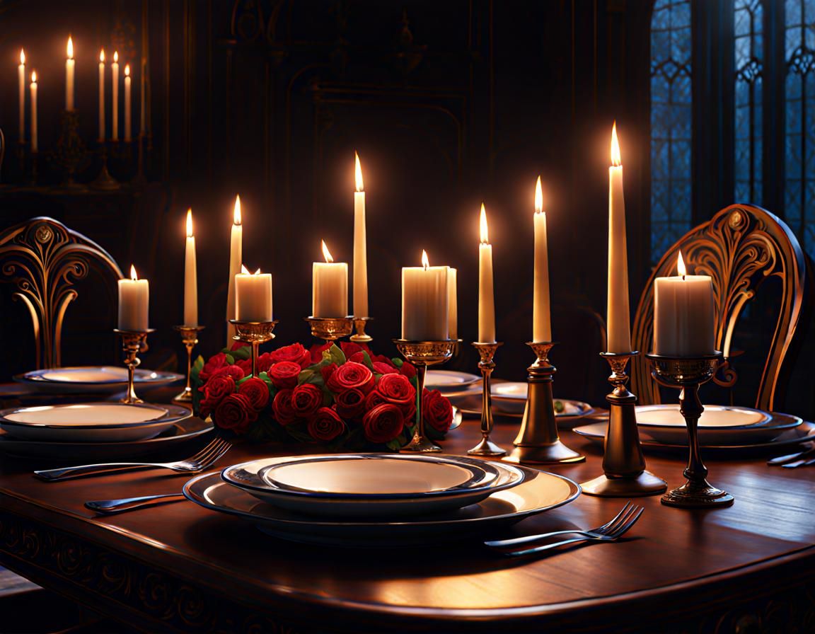 Romantic Candlelit Dinner in Gouache Style