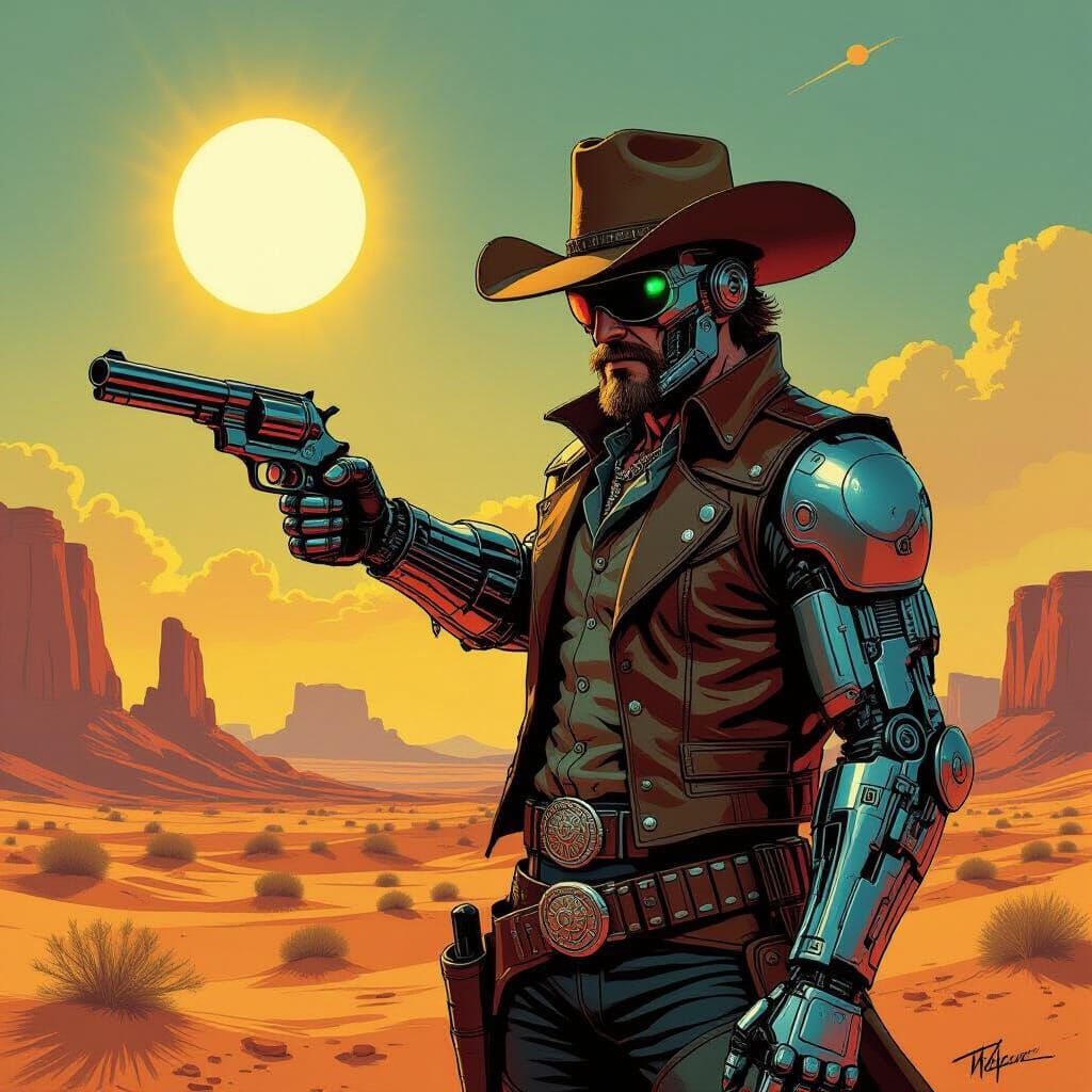 Space Cowboy in Alien Desert, 1970s Pulp Sci-Fi Style