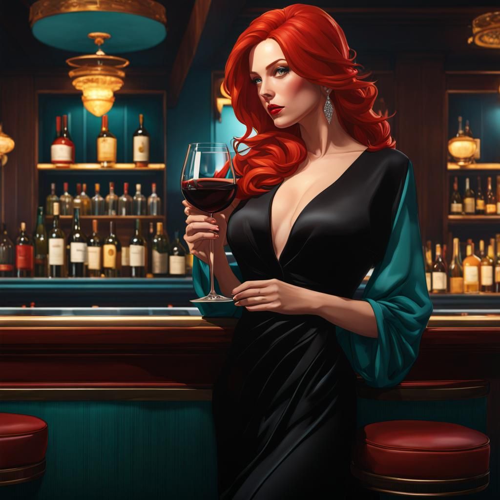 Redhead in Black Dress at Hotel Bar