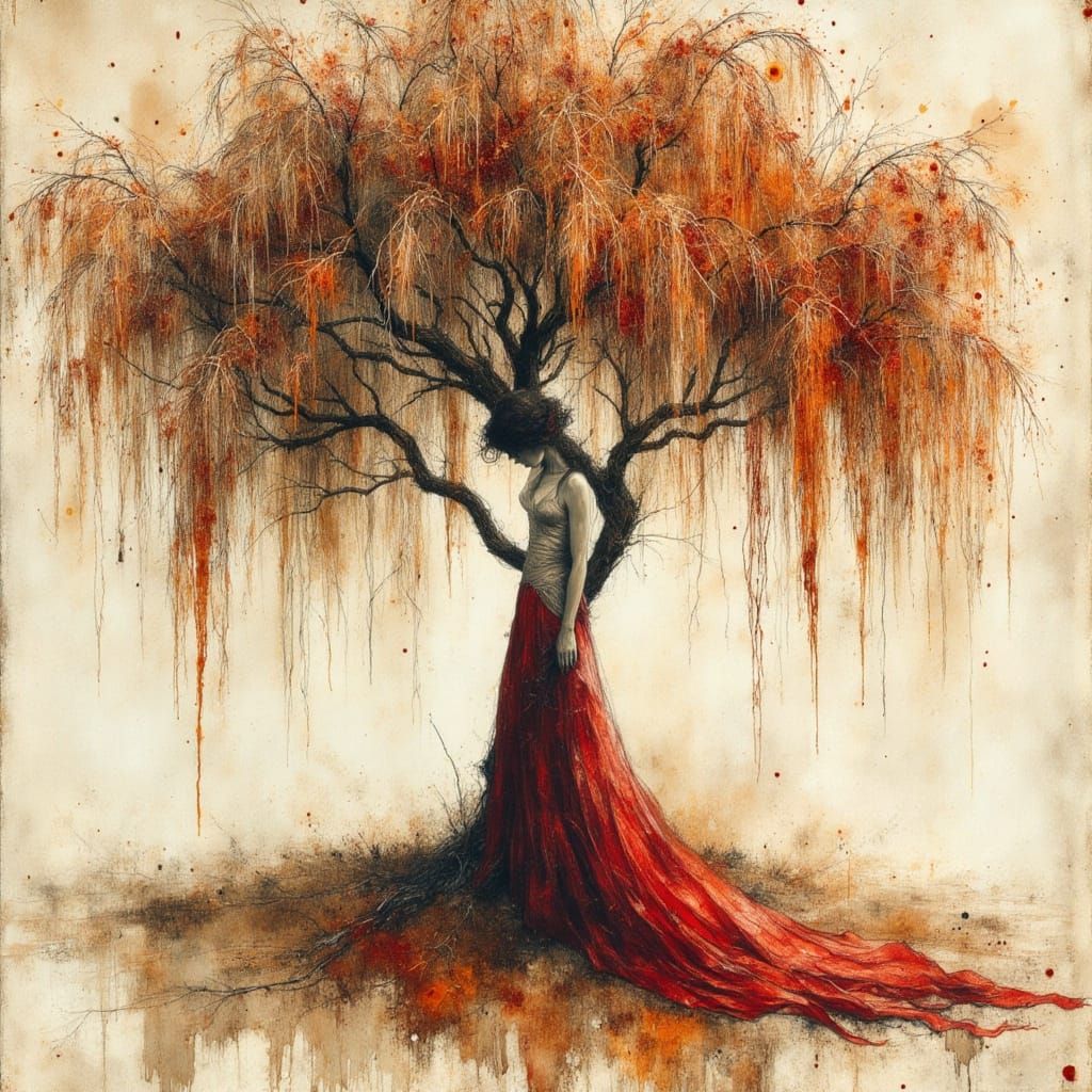 Gloomy Lady Under Weeping Willow in Beige and Red