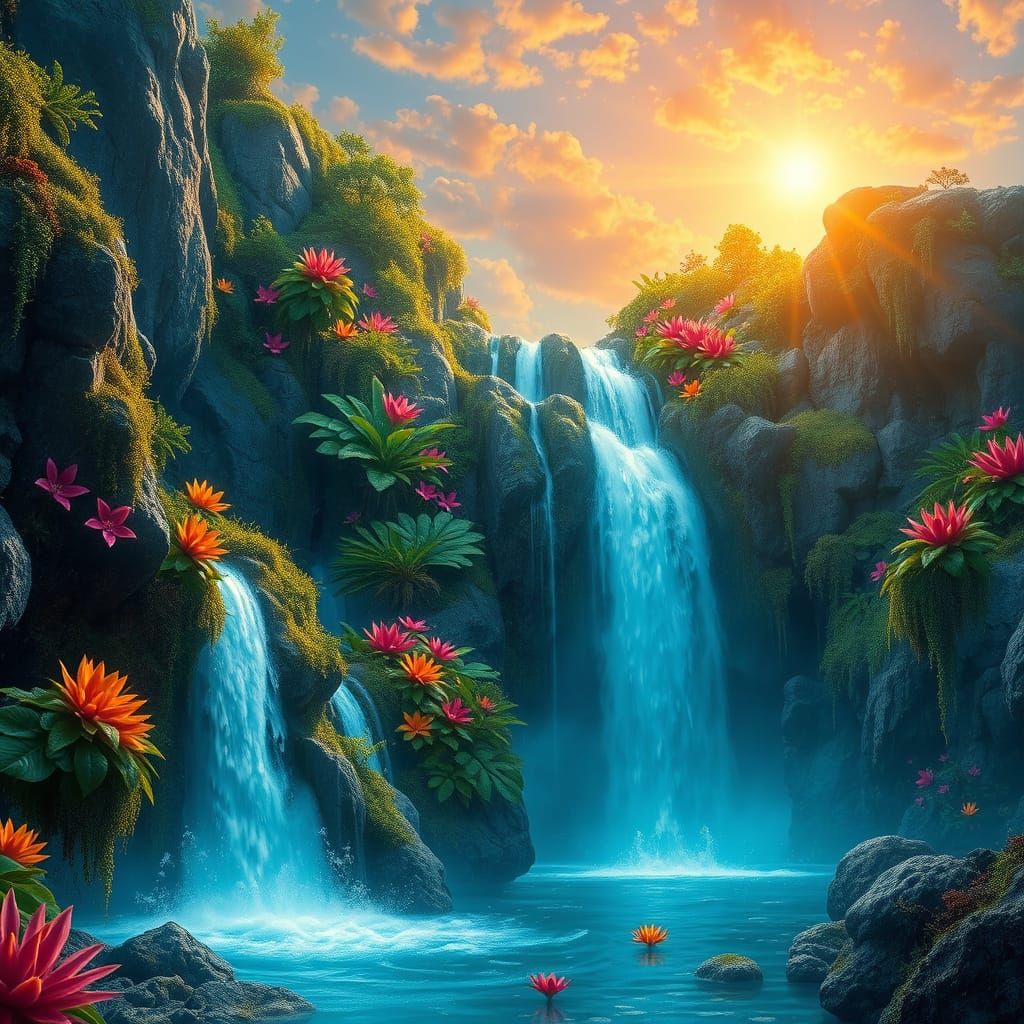Ethereal Waterfall Paradise in Vibrant Hues