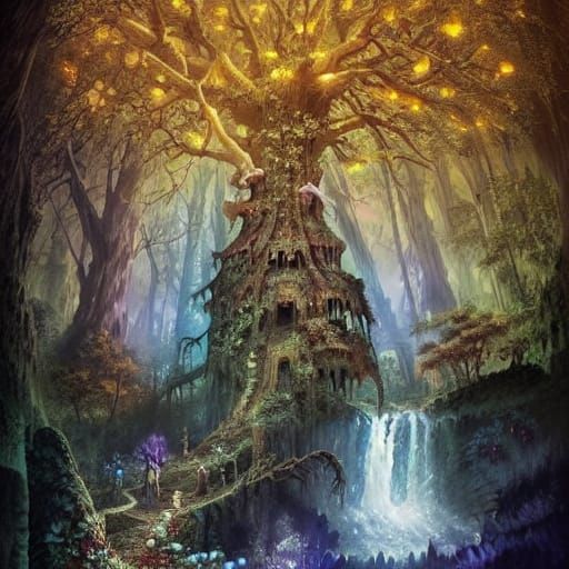 Wizard on Bridge in Enchanted Forest - Watercolor Art