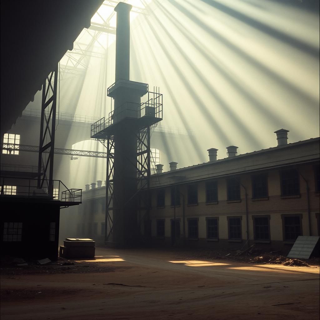 Dust and Light in Abandoned Factory: Cinematic Still