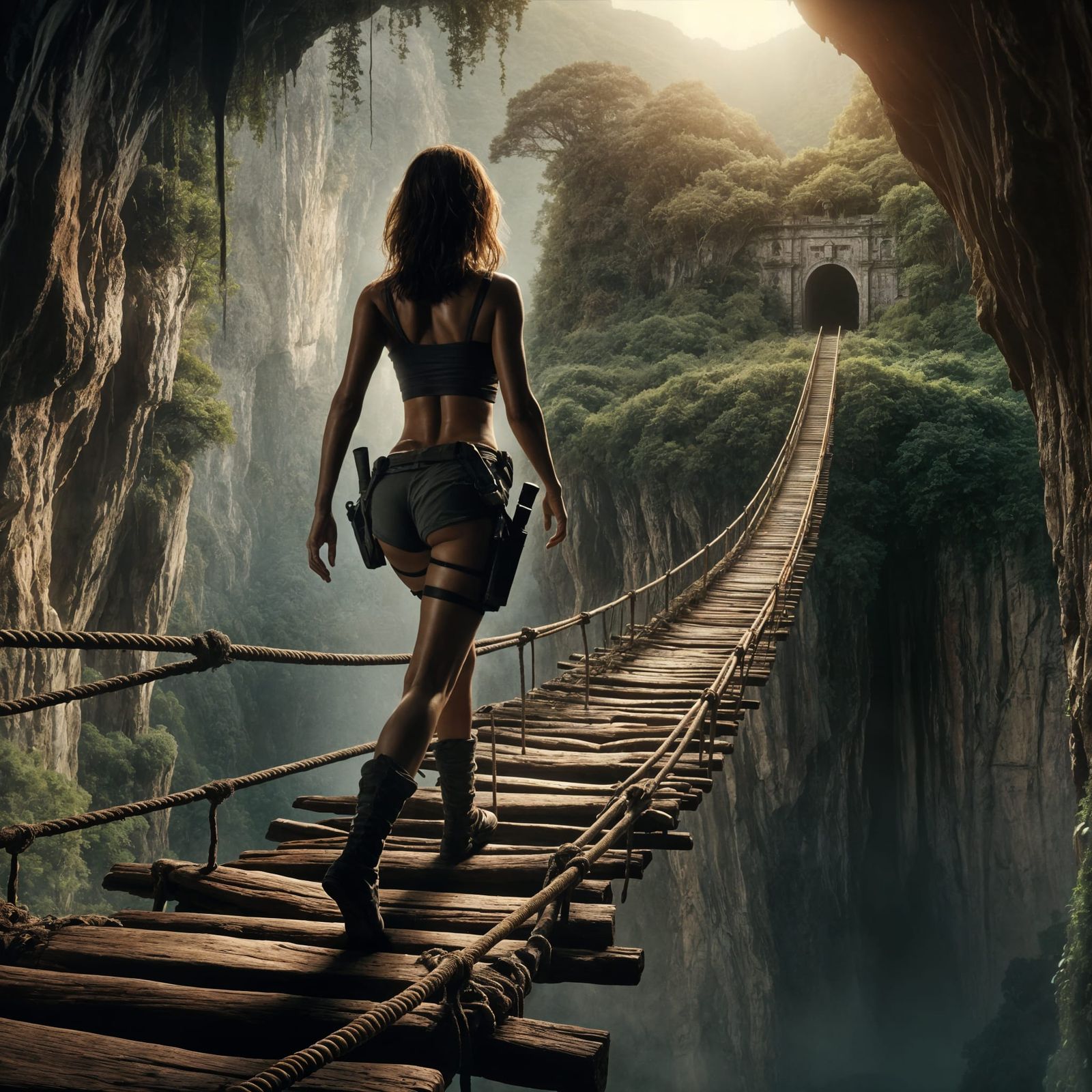 Brave Adventurer Crossing Canyon Bridge: Cinematic Photograp...