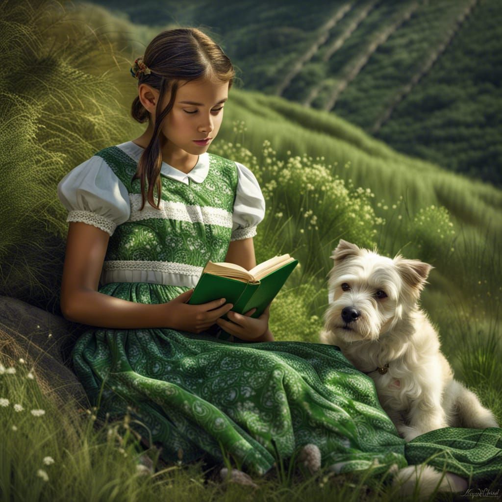 Girl Reading with Dog on Hillside
