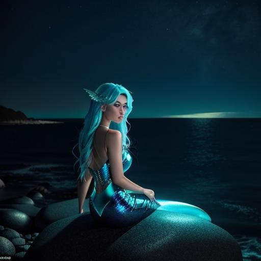 Cyber Mermaid on a Stone: Cinematic Film Still