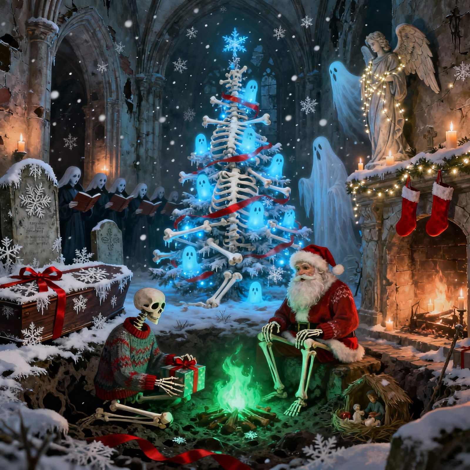 Gothic Christmas Crypt Scene With Skeletons and Blue Lights