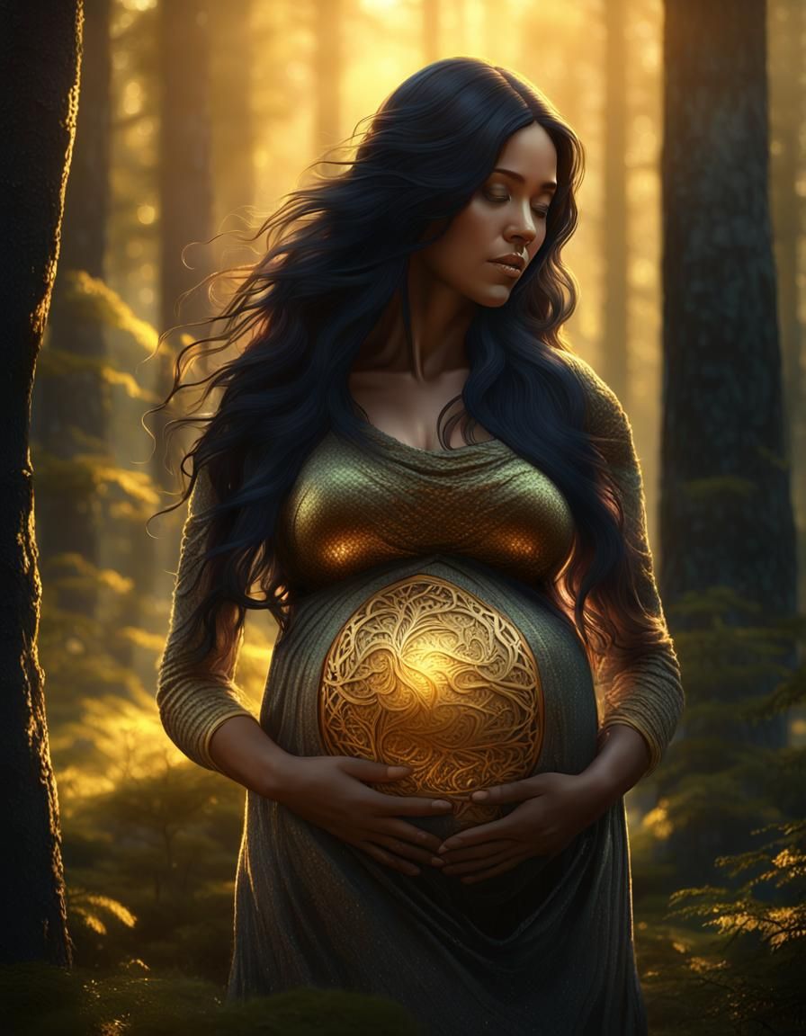 Pregnant Woman in Forest Clearing, Dark Fantasy Art