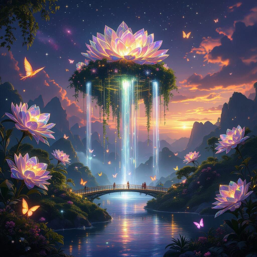 Celestial Garden with Waterfalls of Light