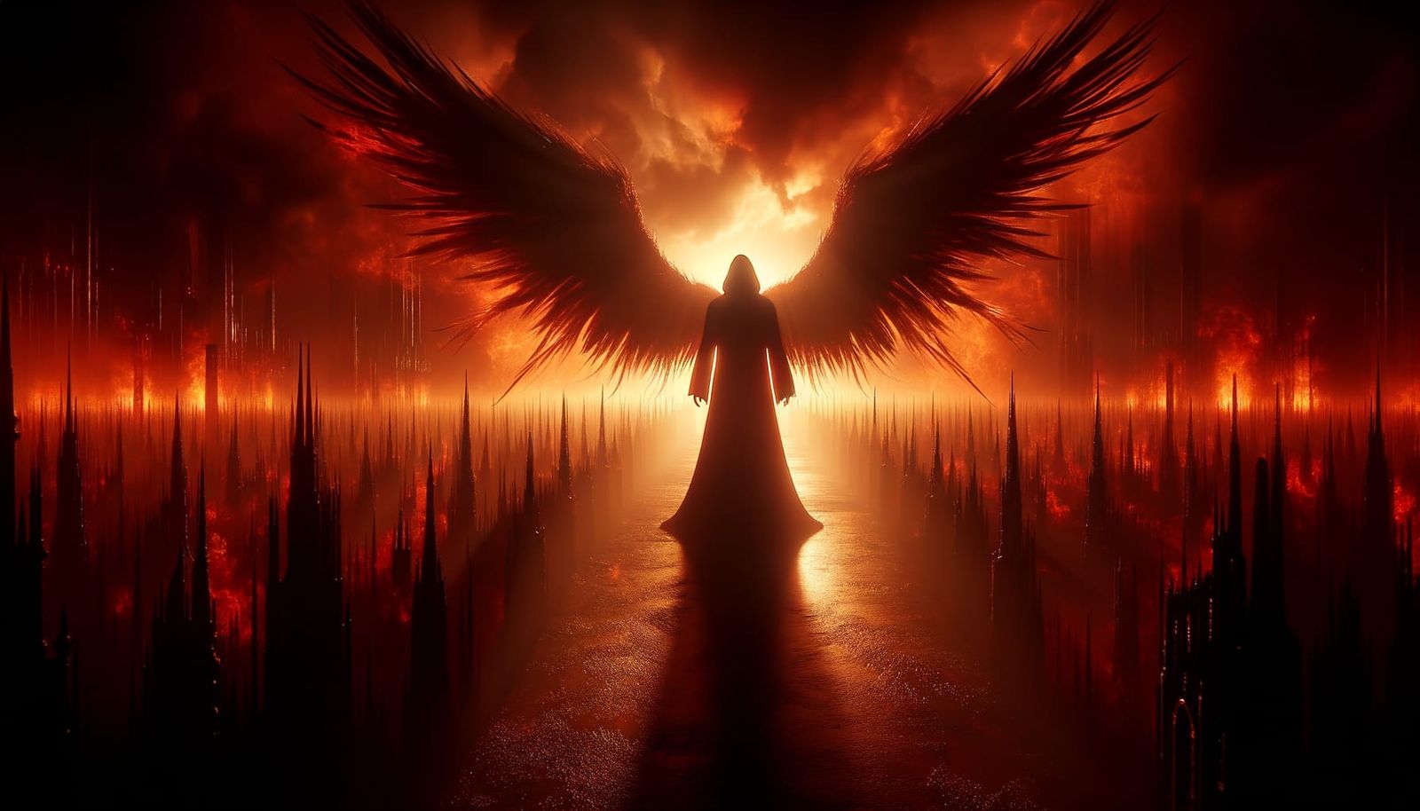 Malevolent Winged Mage Silhouette in Fiery Inferno