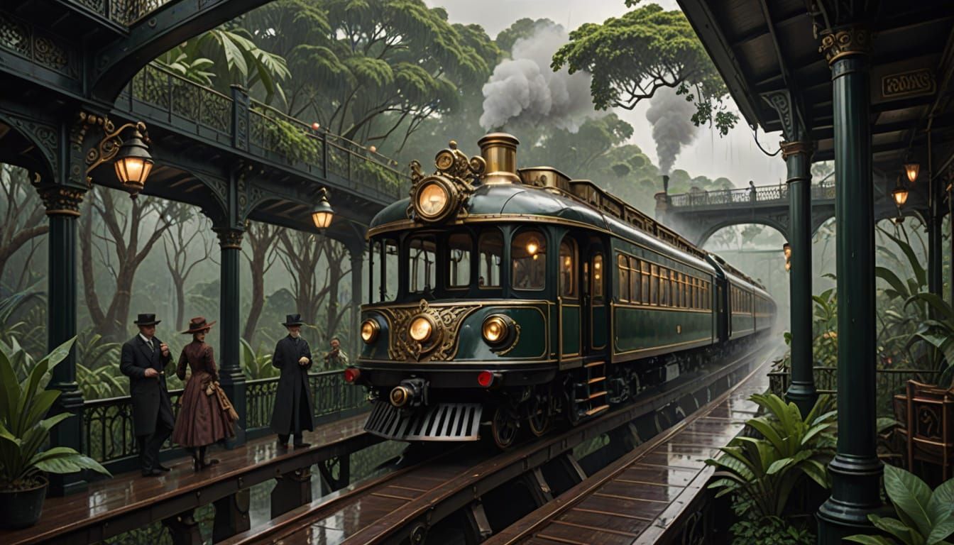 Steampunk Monorail in Rainy Jungle with Victorian Passengers