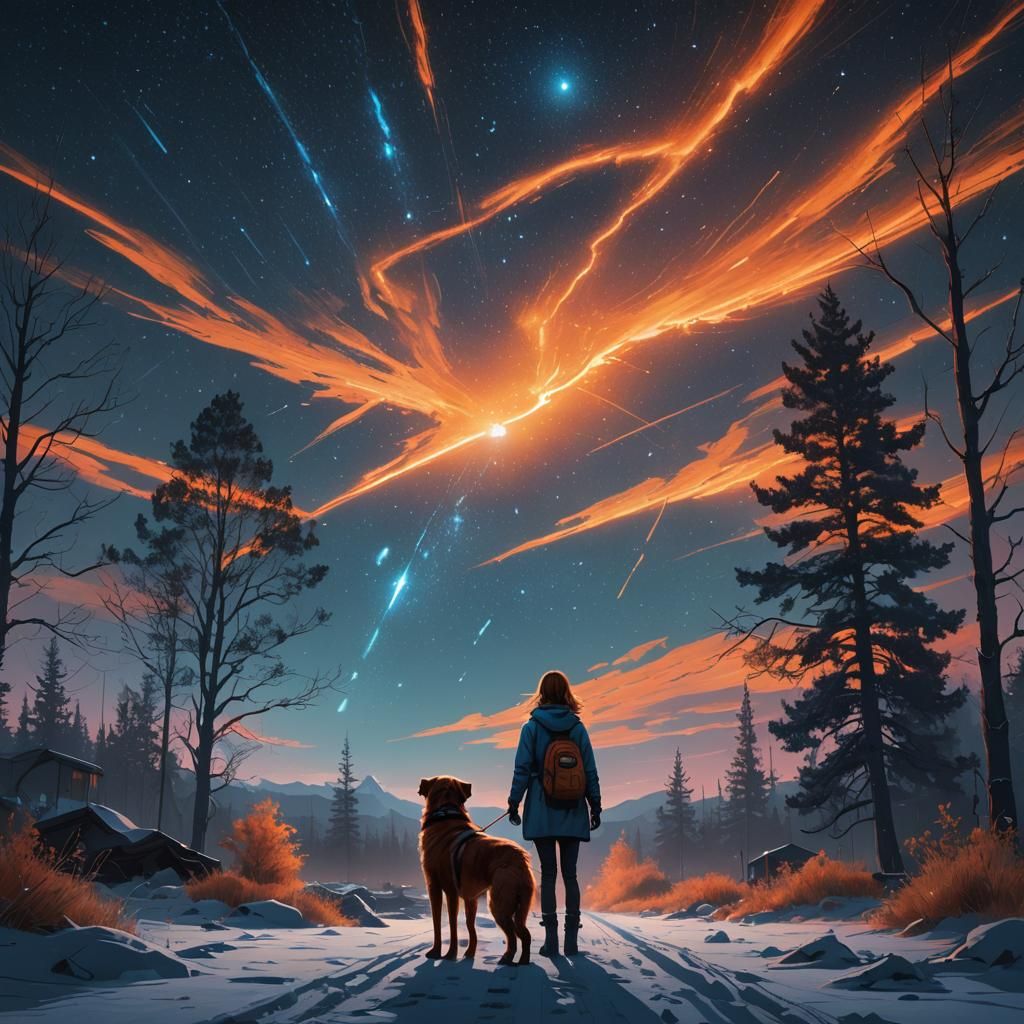 Glowing Silhouettes Against Starry Sky, Digital Matte Painti...