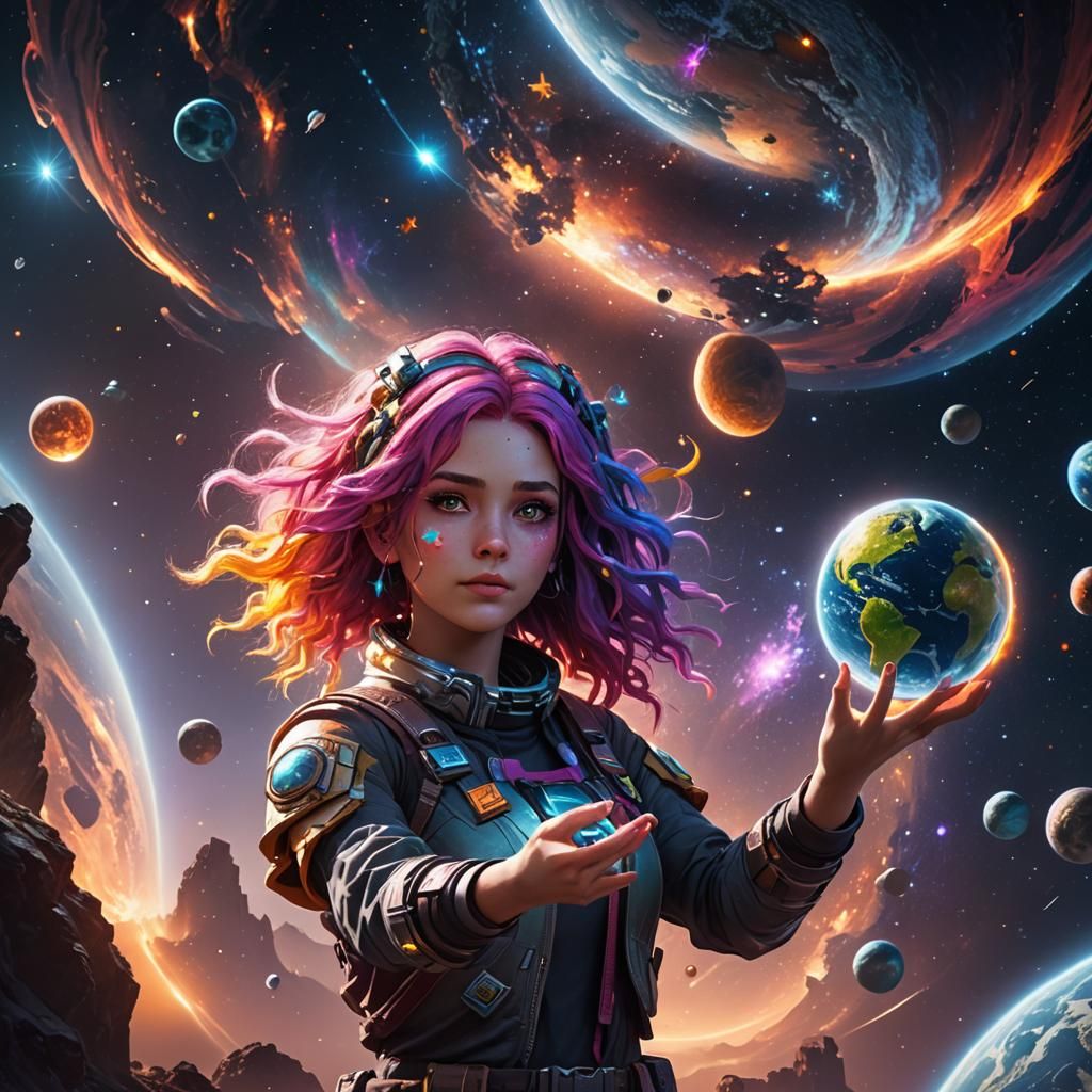 Girl in Space Holding Earth: 3D Game Art