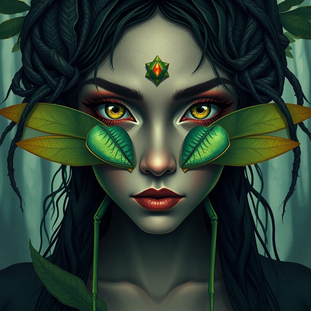 Praying Mantis Woman in Forest