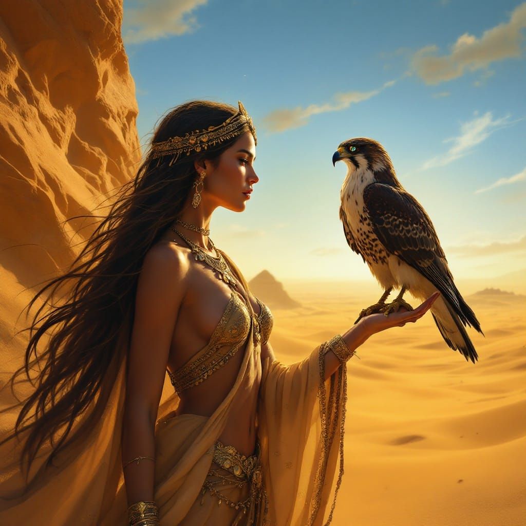 Desert Beast Mistress Communes with Majestic Falcon in Golde...