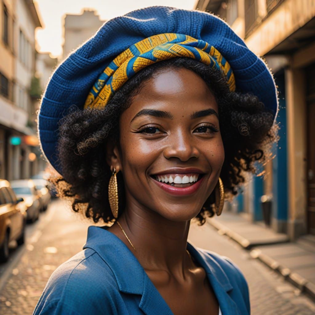 Afro-Brazilian Beauty in Vibrant Blue Beret