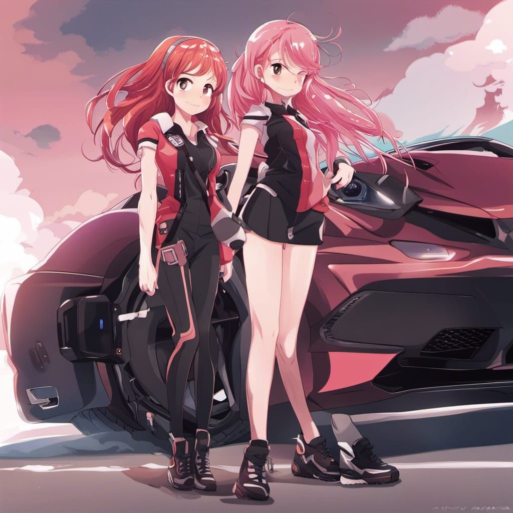 Anime Girls with Supercar in Manga Style