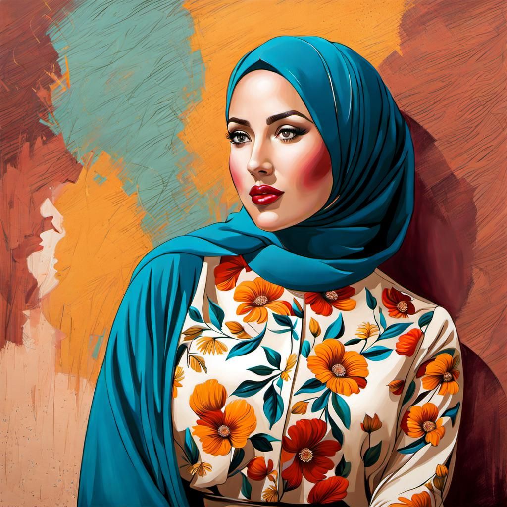 European Woman in Hijab: Detailed Oil Painting