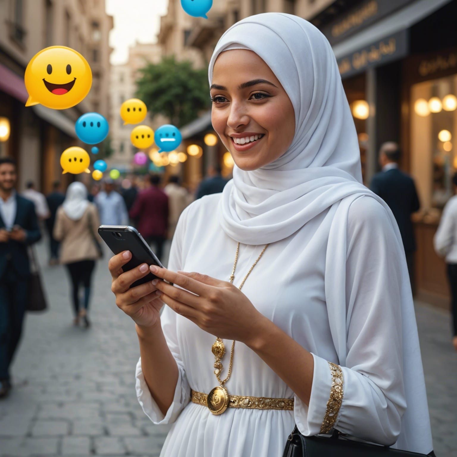 Woman in Hijab with Phone and Happy Emoji
