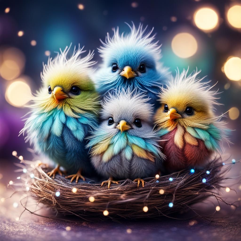 Fluffy Baby Birds in Fairy Light Nest