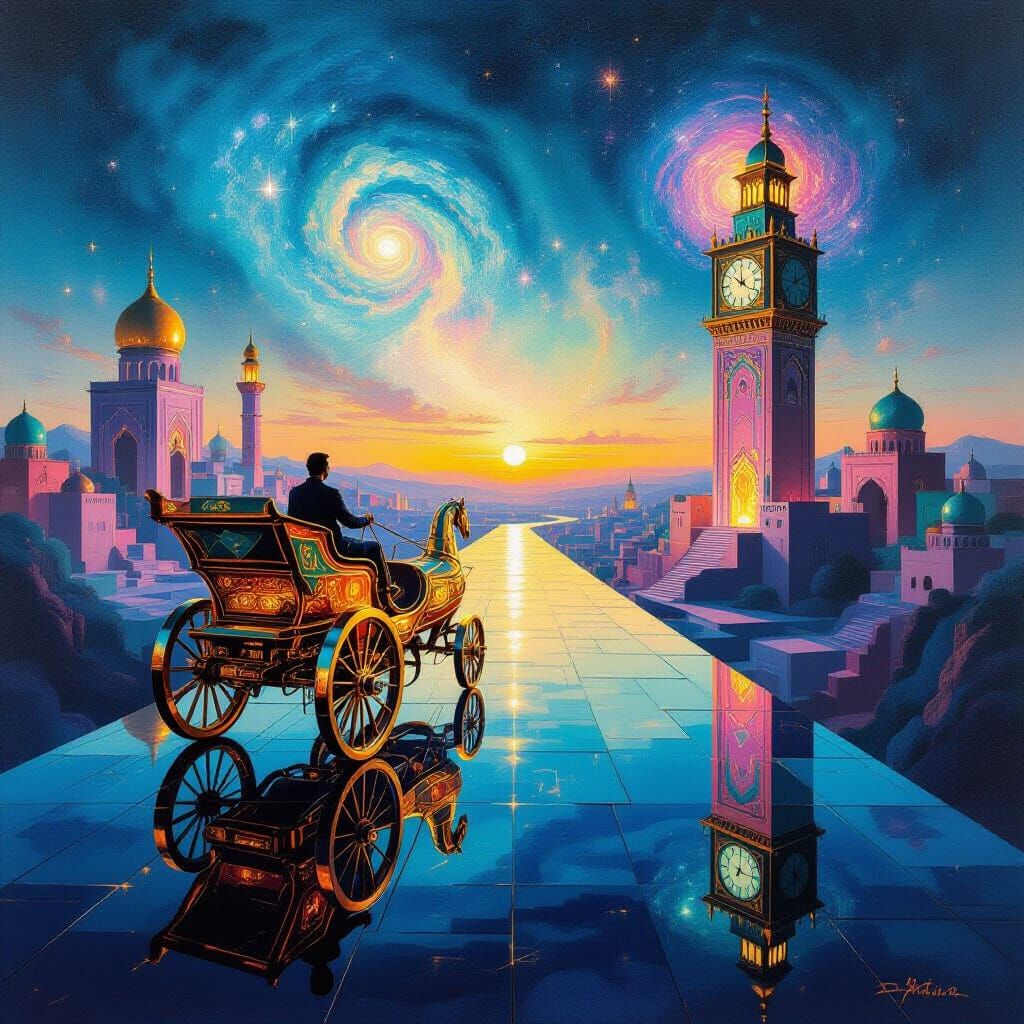 Surreal Twilight Cityscape with Chariot of Light
