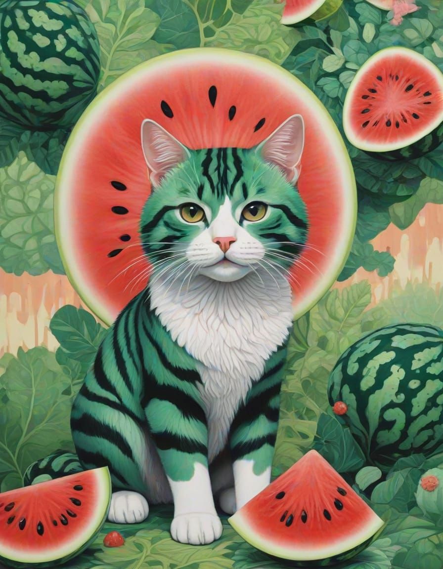 Whimsical Watermelon Cat in Vibrant Pop Surrealism Style