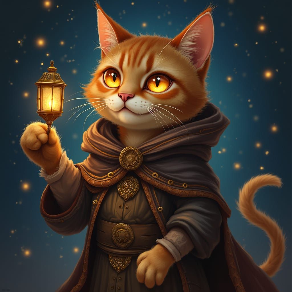 Majestic Brown Cat with Starry Details in Amano-Loish Style